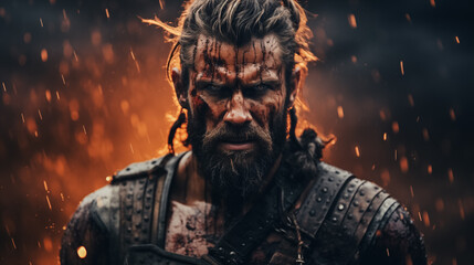 Warrior with face scars standing before a fiery background.