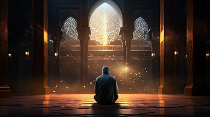 back view a muslim man praying in a mosque with sunlight coming in - obrazy, fototapety, plakaty