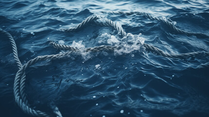Thick rope partially submerged in dark waters. - obrazy, fototapety, plakaty