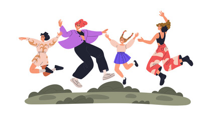 Happy lesbian family with children. Homosexual female parents and girls kids jumping. Mothers, moms rejoicing together, celebrating outdoors. Flat vector illustration isolated on white background