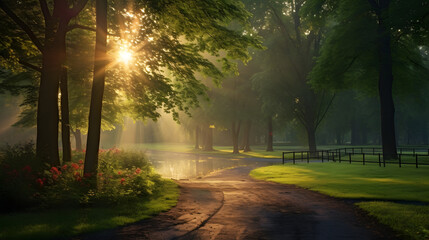 Obraz premium Sunrise beam in the beautiful park. generative ai.