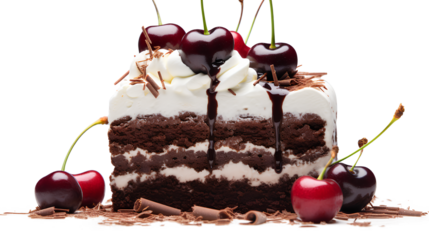 A slice of chocolate cake with melted sides, peaks of whipped cream and glossy cherries on top isolated on a transparent background, Generative AI