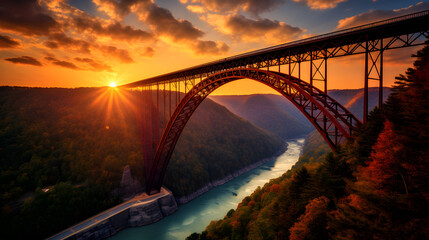 Sunset at the New River Gorge Bridge in West Virginia. generative ai.