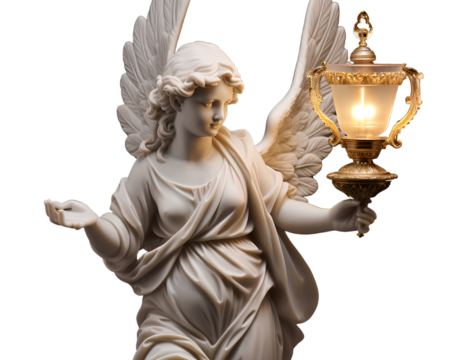 A Statue of an Angel Holding a Lamp Isolated on a Transparent Background, Generative AI