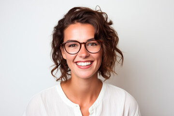 smiling European woman in her 30s. white background - obrazy, fototapety, plakaty