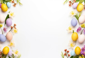 Naklejka na ściany i meble Easter eggs, colorful flowers on pastel white background.
