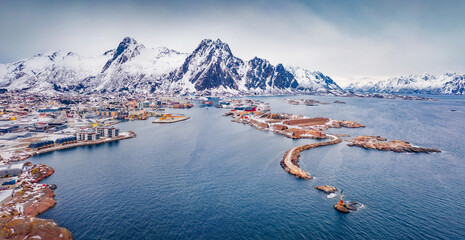 Panoramic winter view of Svolver town. Picturesque morning seascape of Norwegian sea, Lofoten Islands, Norway, Europe. Traveling concept background. Life over Polar Circle. - 684528395