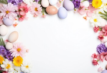 Naklejka na ściany i meble Easter eggs, colorful flowers on pastel white background.