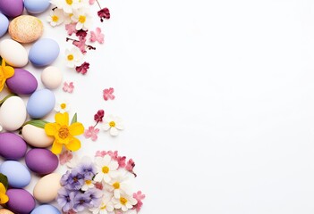 Easter eggs, colorful flowers on pastel white background.