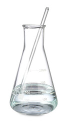 Glass flask with water and stirring rod isolated on white