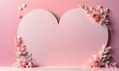 An empty template decorated with hearts and flowers against a pastel pink background. wedding banner, wedding background. Valentine's Day Banner. Generative AI