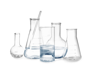 Different empty laboratory glassware isolated on white