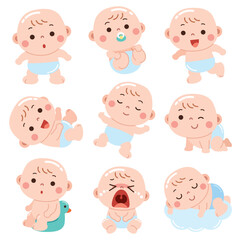 A delightful cartoon-style illustration featuring babies in different playful and expressive poses.