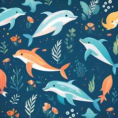 Naklejka premium Create a pattern featuring adorable, stylized animals like dolphin in playful poses, PNG, 300 DPI
