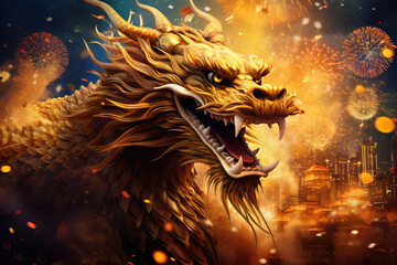 Golden dragon with nature background, happy lunar new year 2024 