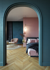Pink and blue room with an arch at the entrance, parquet, a pink armchair, a bed, a gold bedside table and a red plant
