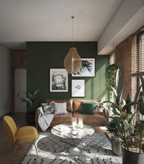 Bright green living room with a brick wall, leather sofa, yellow armchair, marble table and plants