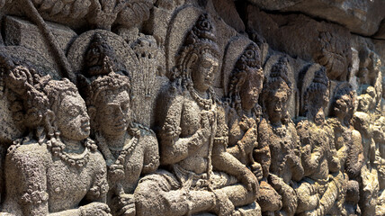 Stone relief on the wall of Prambanan Temple. A Hindu temple located in Yogyakarta, Indonesia