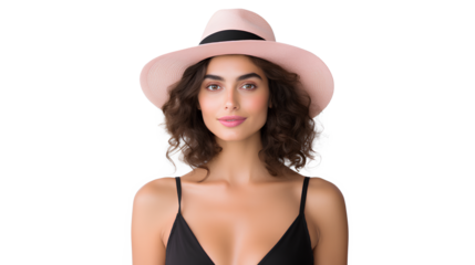 A woman stylishly adorned in a pink cami top and a chic black straw hat isolated on a transparent background, Generative AI