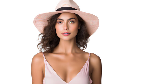 A woman stylishly adorned in a pink cami top and a chic black straw hat isolated on a transparent background, Generative AI