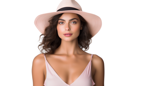 A woman stylishly adorned in a pink cami top and a chic black straw hat isolated on a transparent background, Generative AI