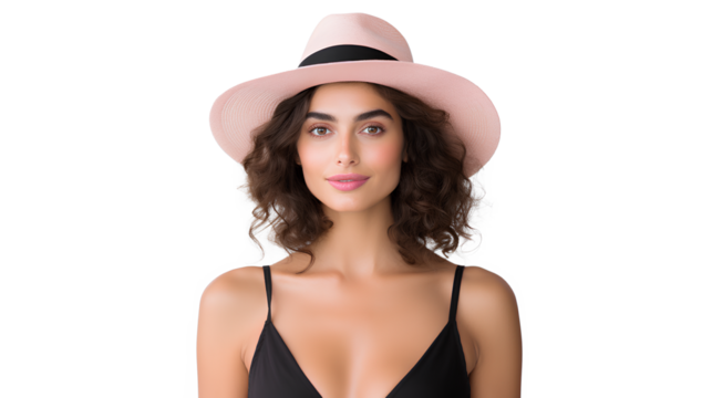A woman stylishly adorned in a pink cami top and a chic black straw hat isolated on a transparent background, Generative AI