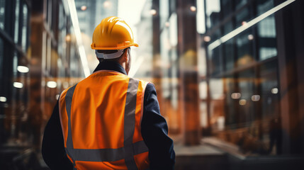 construction engineer standing with his back and watches at a skyscraper building construction. wearing a helmet and orange safety vest. working as a architect.