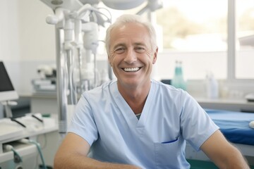 an experienced doctor sincerely smiles on the background of the hospital.