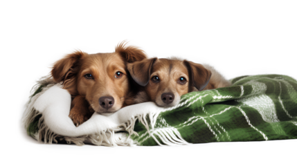 Adorable brown and white dog snuggled under a cozy green and white blanket isolated on a transparent background, Generative AI