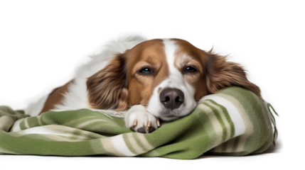 Adorable brown and white dog snuggled under a cozy green and white blanket isolated on a transparent background, Generative AI