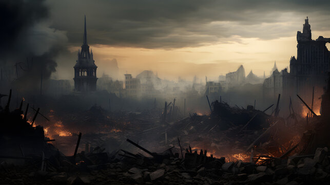 The ruins of a large city building are covered with smoke from the civil war and the city abandonment, concept of war.. generative ai.