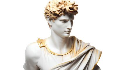 An elegant 3D render of a young man with short hair statue, sculpted in white marble and gold accents isolated on a transparent background, Generative AI