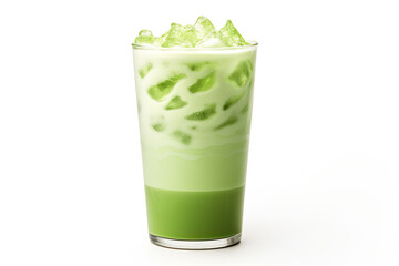 iced matcha green tea with milk on glass isolated on white background