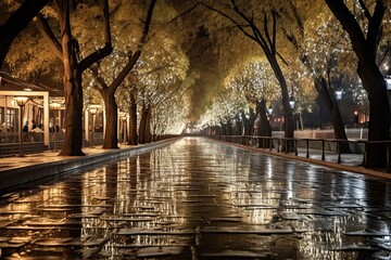 Riverside at night with trees lighting up, in the style - obrazy, fototapety, plakaty