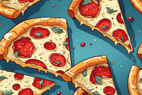 seamless pattern with slices of Italian pepperoni pizza on blue background. Fast food