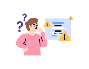 Beware of phishing websites. A user is confused when he wants to log in. forgot password or incorrect password. The login page is dangerous or suspicious. commemoration. flat illustration concept