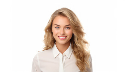 Portrait of beautiful young blonde american company office worker business woman smiling and looking straight