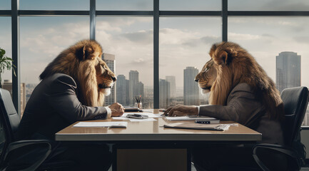 serious lions face each other in a office setting - obrazy, fototapety, plakaty