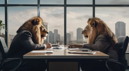 Fotobehang serious lions face each other in a office setting © Kien