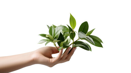 The person holding a green-leafed plant isolated on a white background, Generative AI