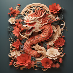 Chinese dragon with flowers decoration element for Years of the Wood Dragon 2024, Generative AI