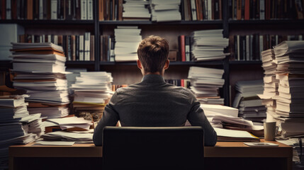 Exhausted man in the office full of folders and work,back view - obrazy, fototapety, plakaty
