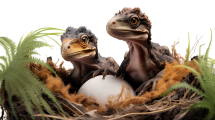 The duo of realistic baby dinosaurs playing, feathered textures, and accurate proportions isolated on a transparent background, Generative AI