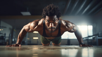 A black afro-american athlete with healthy muscular body doing pushups in a gym while sweating and improving his physical body form - obrazy, fototapety, plakaty