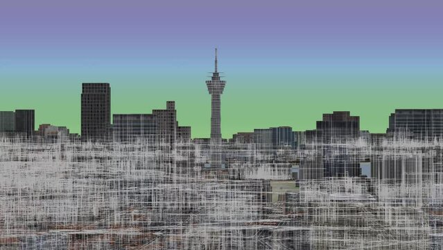 3d wireframe visualization of D&uuml;sseldorf, Germany, Tourism, Digital Topography, GSI data map, BIM, 3d Rendering, 3d Illustration