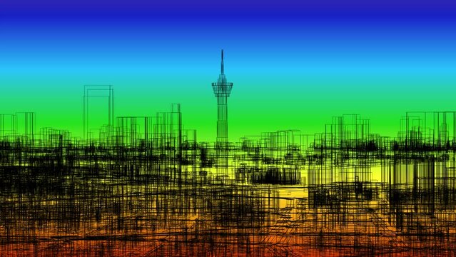 3d wireframe visualization of D&uuml;sseldorf, Germany, Tourism, Digital Topography, GSI data map, BIM, 3d Rendering, 3d Illustration
