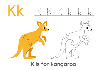 Tracing alphabet letters with cute animals. Color cute kangaroo. Trace letter K.
