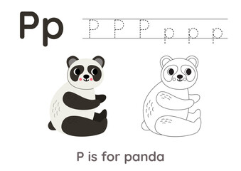 Tracing alphabet letters with cute animals. Color cute panda. Trace letter P.