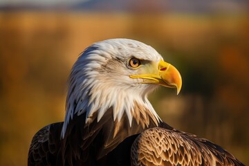 Fototapeta premium A Majestic Bald Eagle Standing Proudly in a Sunlit Field