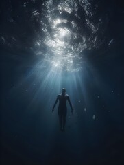 A man emerges from the depths of the sea. Depression treatment concept. - obrazy, fototapety, plakaty